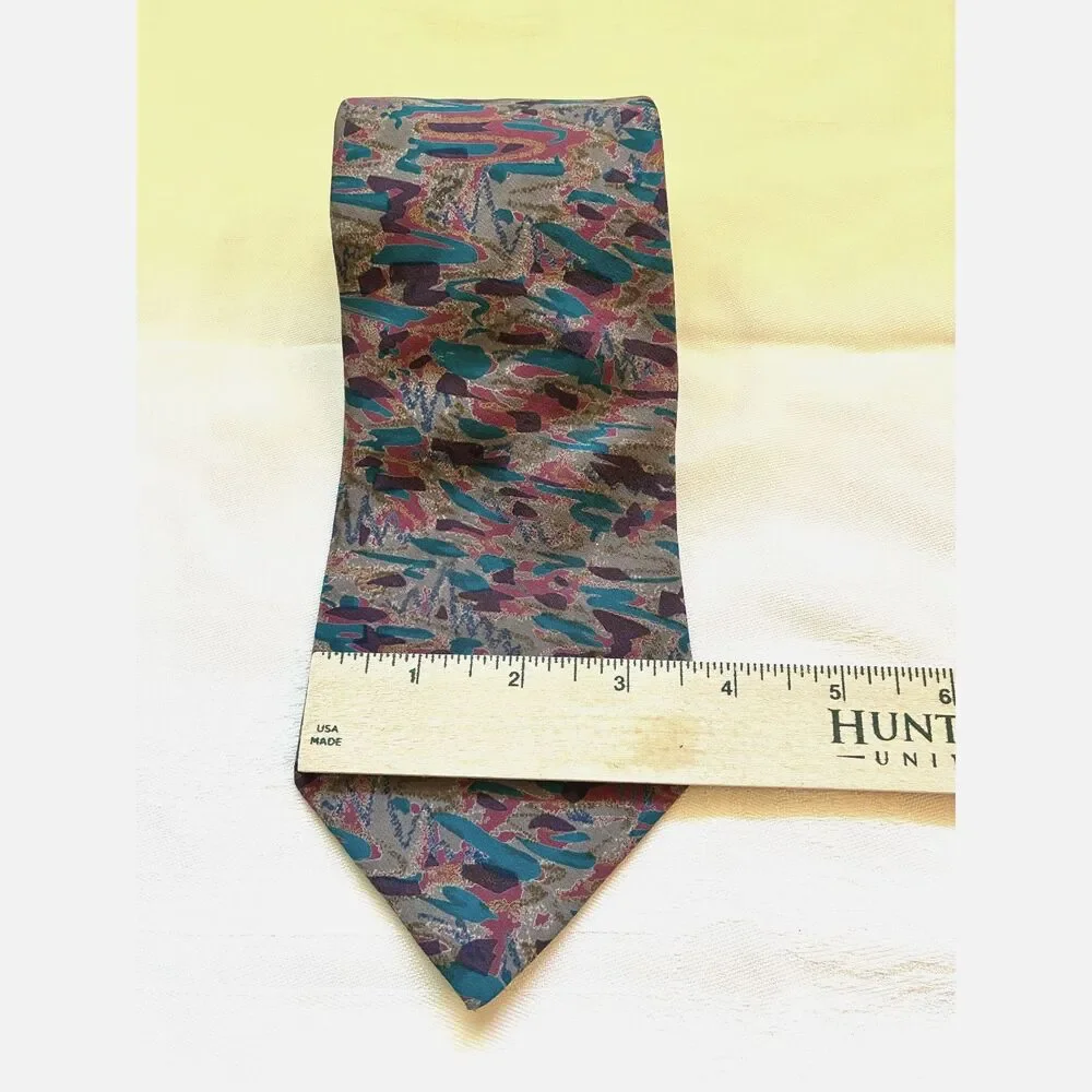 90s Men's Abstract Silk Necktie Handmade Camo Brushstroke Teal Magenta 9-HHH